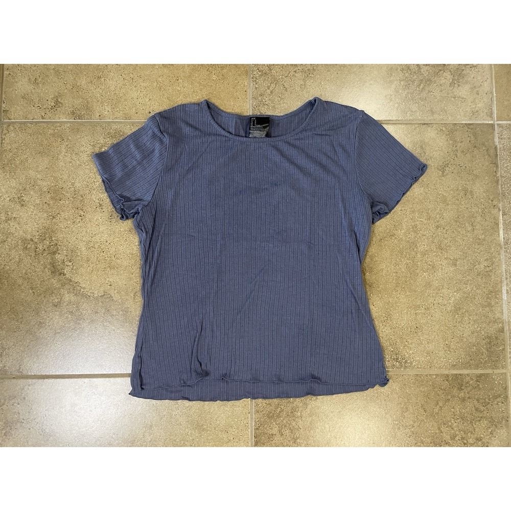 H&M Divided Womens Sz M Blue Ribbed Lettuce Hem Short Sleeve T-Shirt
